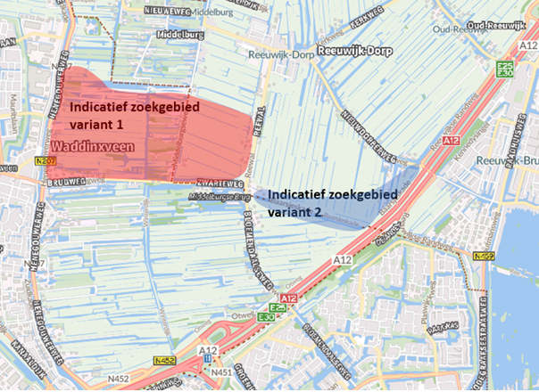 In de afbeelding zijn de voorlopige zoekgebieden voor de twee wegen afgebeeld. Voor dit zoekgebied wordt gekeken wat de gevolgen of effecten zijn binnen dat gebied, en deze worden zichtbaar of duidelijk gemaakt in het onderzoek. Zoekgebied 1 is het gebied tussen de N207, de Brugweg en de Reewal. Zoekgebied 2 is  het gebied tussen de Baarsjeskade en de A12.