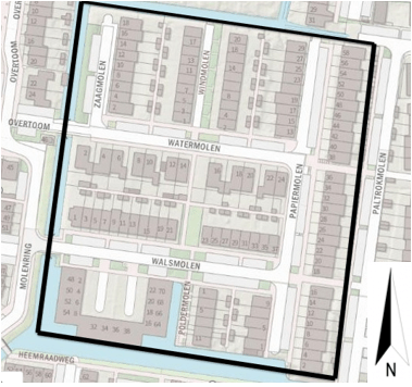 Plangebied Molenbuurt. Op deze plattegrond staat aangegeven dat u kunt meedenken over de plantvakken in de straten Zaagmolen, Watermolen, Windmolen, Papiermolen, Poldermolen en Walsmolen.